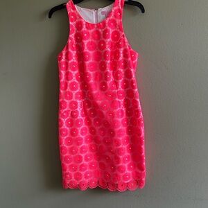 Lilly Pulitzer Elegant Neon Coral and Embroidered Floral Sheath Dress